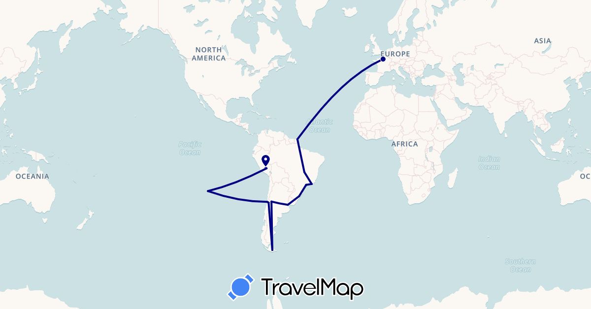 TravelMap itinerary: driving in Argentina, Brazil, Chile, France, French Guiana, Peru (Europe, South America)